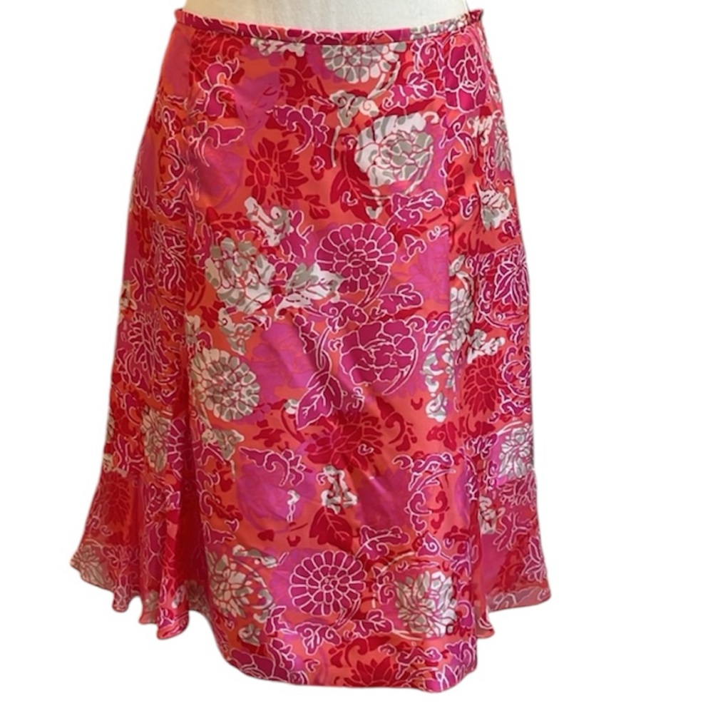 Sigrid Olsen Silk Pink Floral Print Skirt Size 6 Petite Spring Garden Party